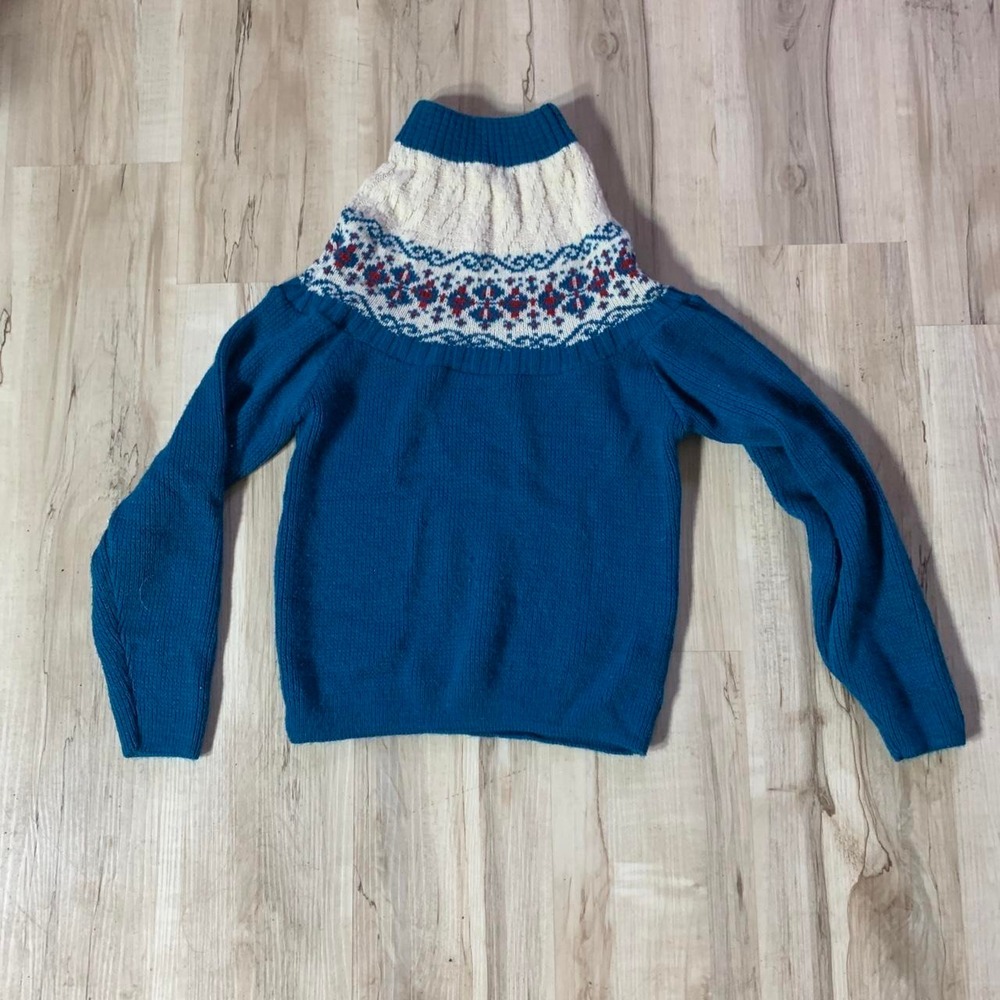 Vintage 80s Sears Student Nordic Sweater Kids XL Blue Acrylic Cable Knit Collar